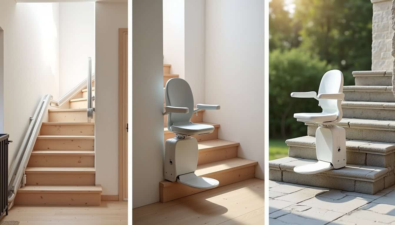Différents types de monte-escaliers installés à Kaltenhouse: droit, courbe, extérieur