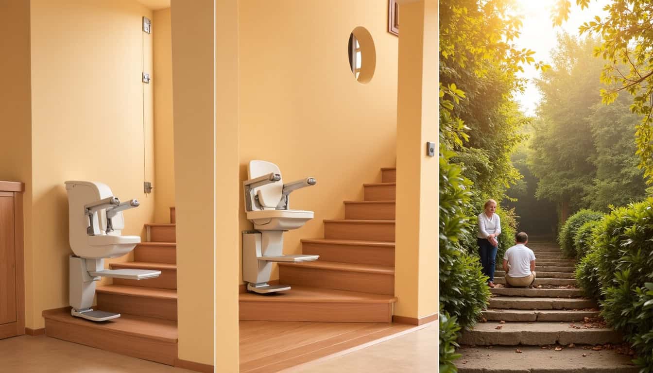 Différents types de monte-escaliers installés à Orgueil: modèle droit, tournant et extérieur