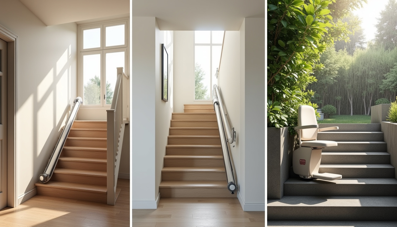 Différents types de monte-escaliers installés dans des foyers: modèle droit, tournant et extérieur