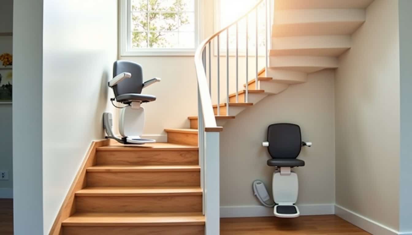 Différents types de monte-escaliers installés dans des maisons à Plumaudan, illustrant les modèles droits et tournants