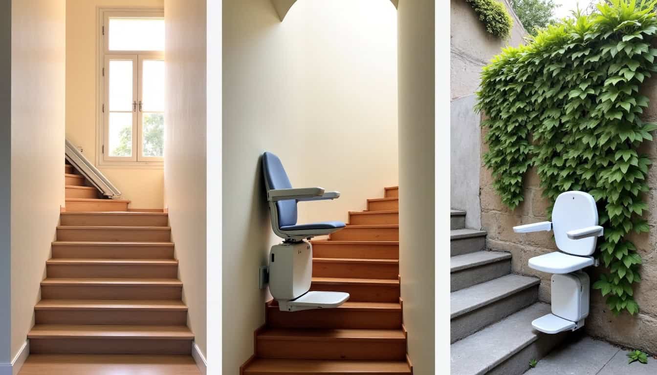 Différents types de monte-escaliers installés dans des maisons de Caëstre: droit, tournant et extérieur