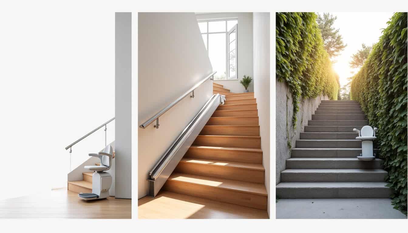 Différents types de monte-escaliers installés dans des maisons de La Couture: modèle droit, tournant et extérieur