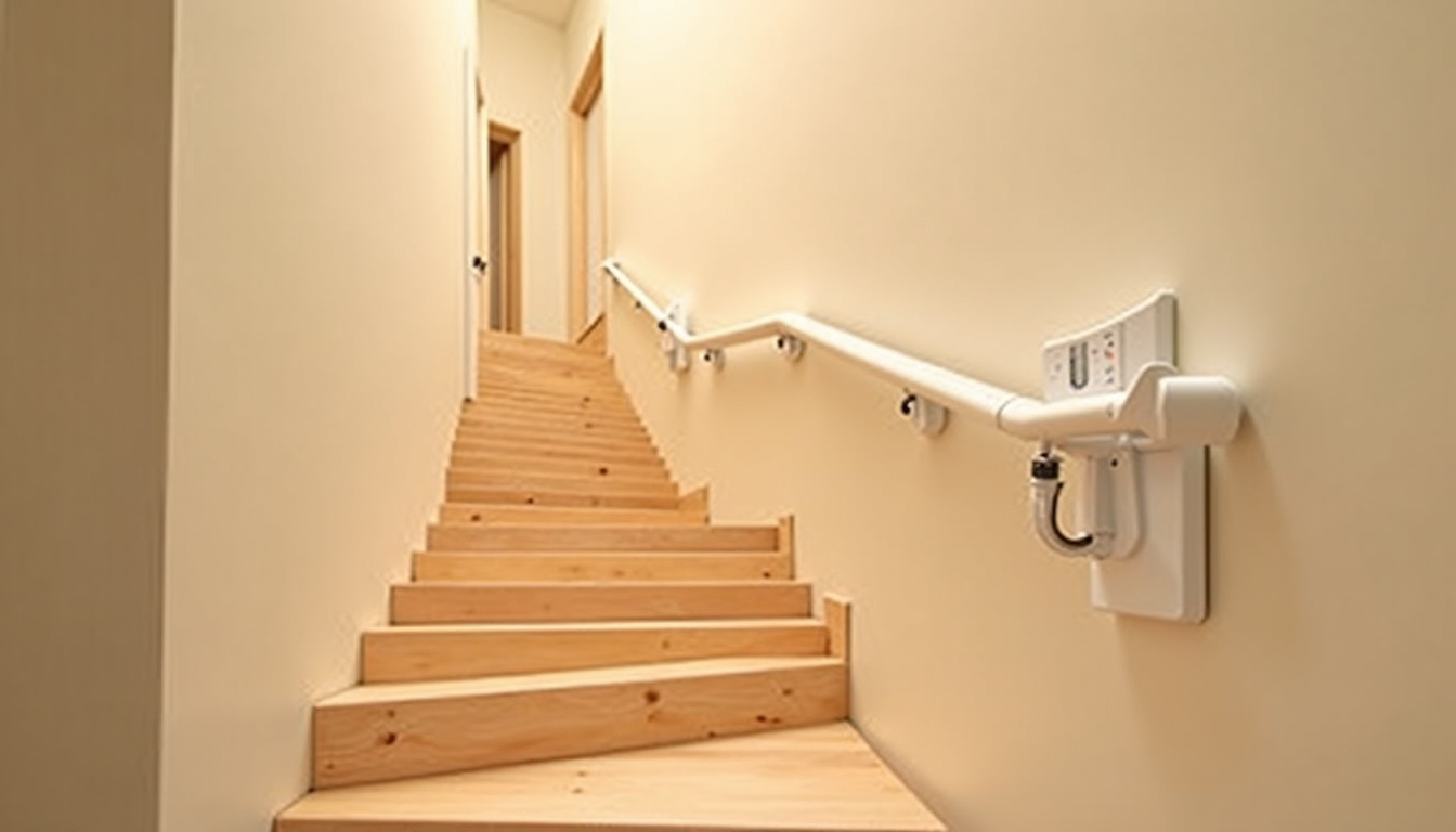 Différents types de monte-escaliers installés dans des maisons de Manthelan: droit, tournant et extérieur