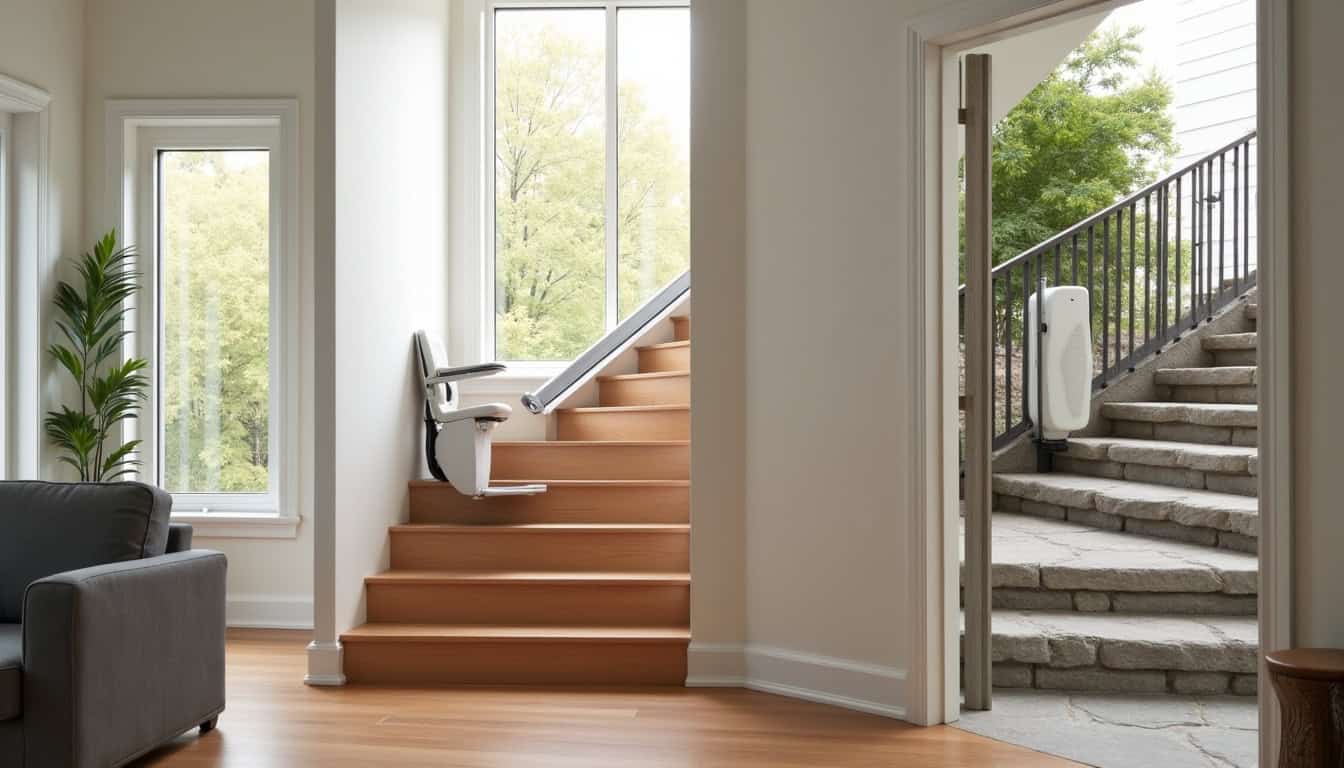 Différents types de monte-escaliers installés dans une maison à Flavin: modèle droit, tournant et extérieur