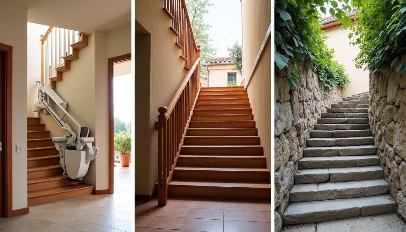 Différents types de monte-escaliers installés dans une maison bergeracoise: droit, tournant et extérieur
