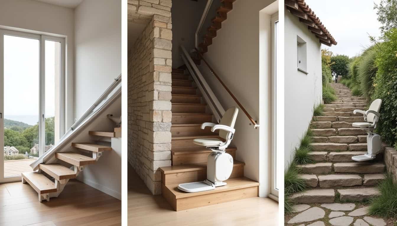 Différents types de monte-escaliers installés dans une maison vendéenne: droit, tournant et extérieur