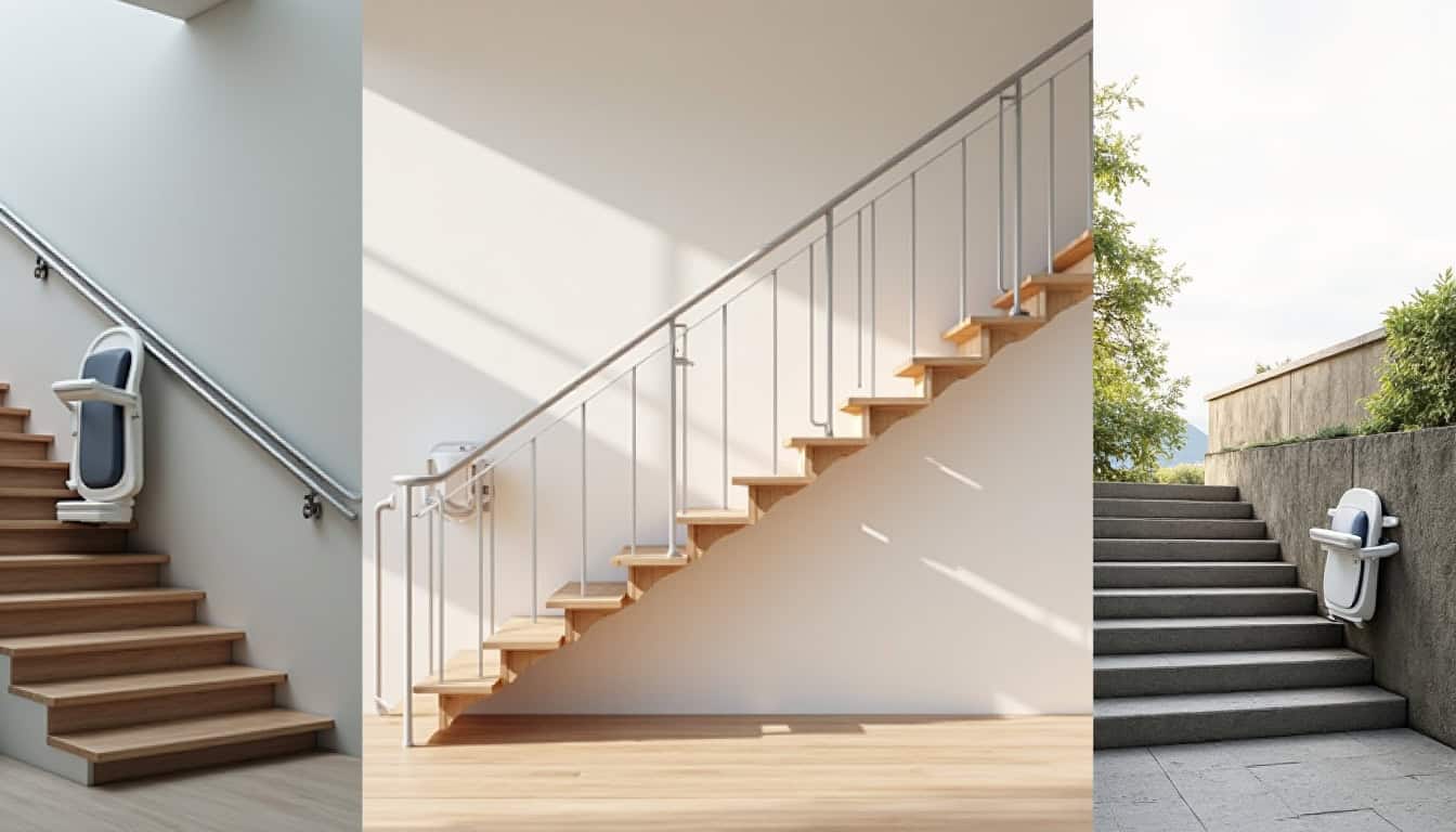 Différents types de monte-escaliers installés: droit, tournant et extérieur