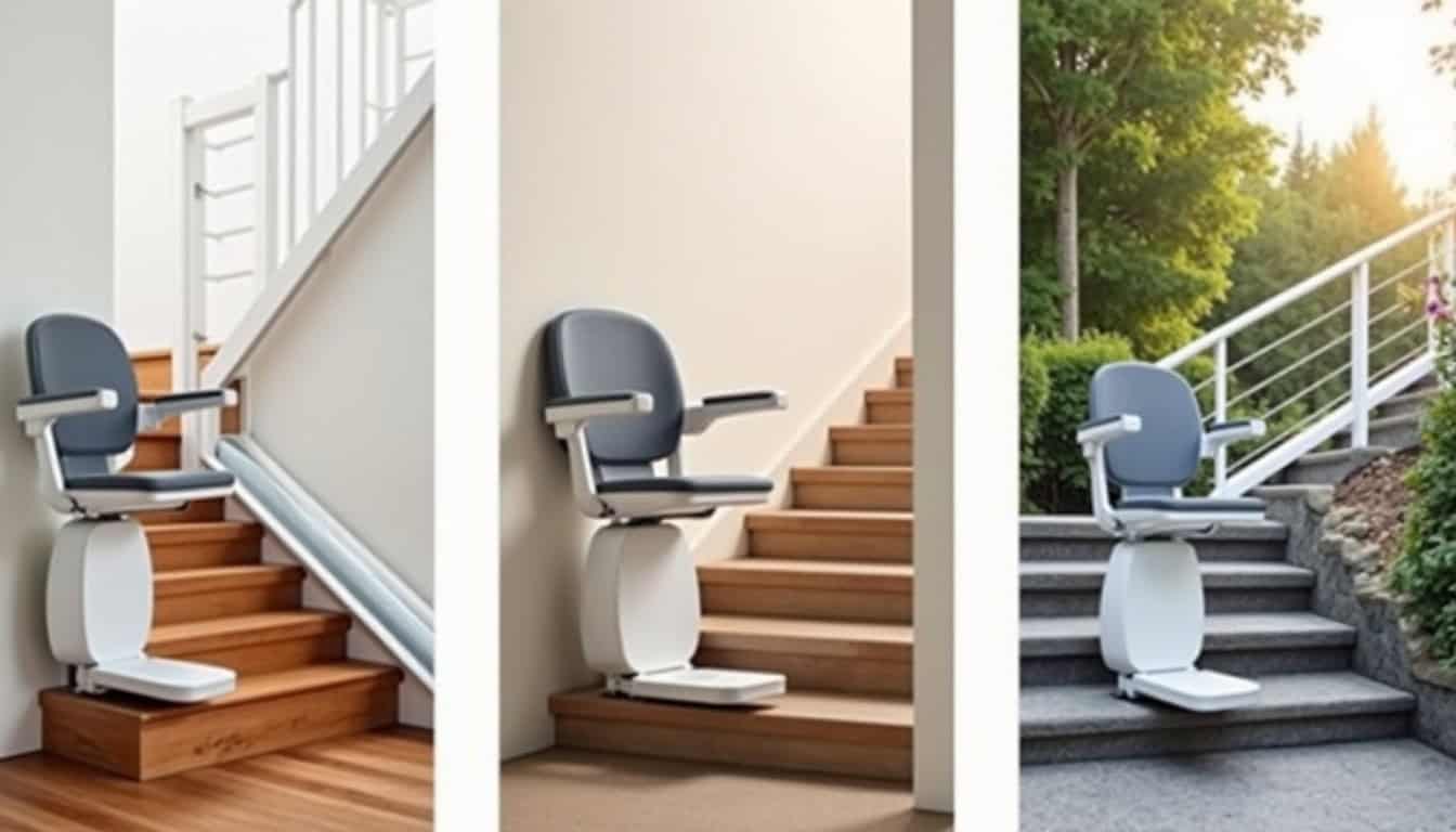 Différents types de monte-escaliers installés: droit, tournant, extérieur