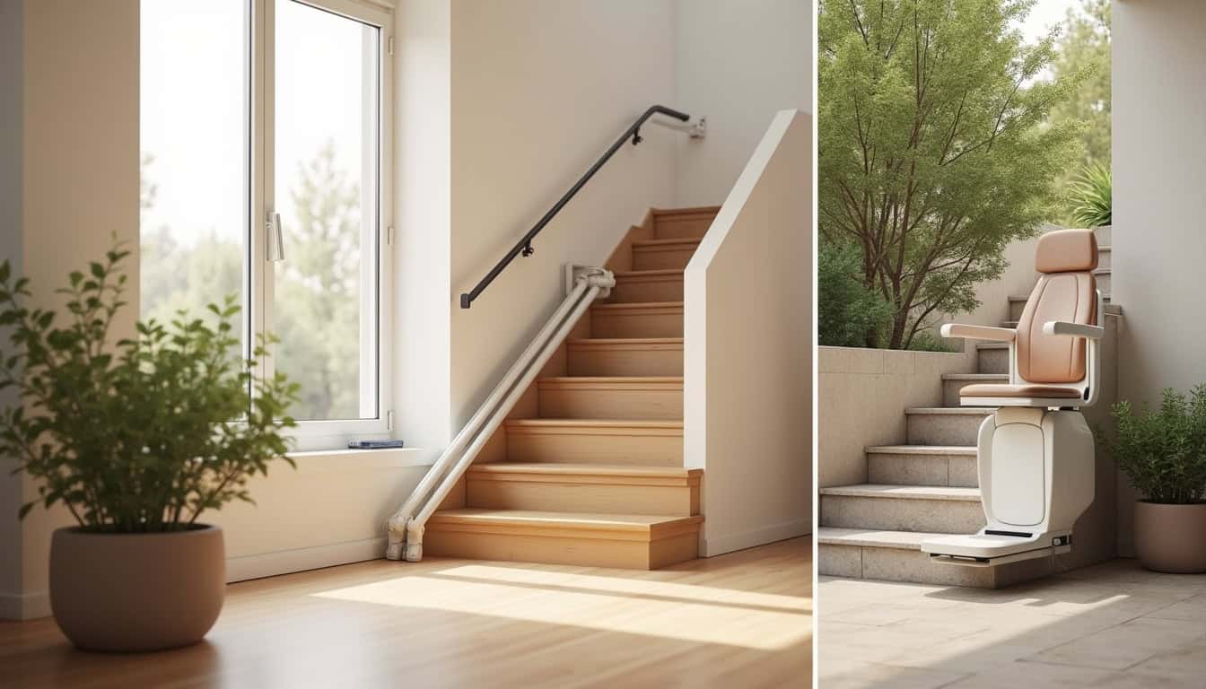 Différents types de monte-escaliers installés sur escalier droit, tournant et extérieur