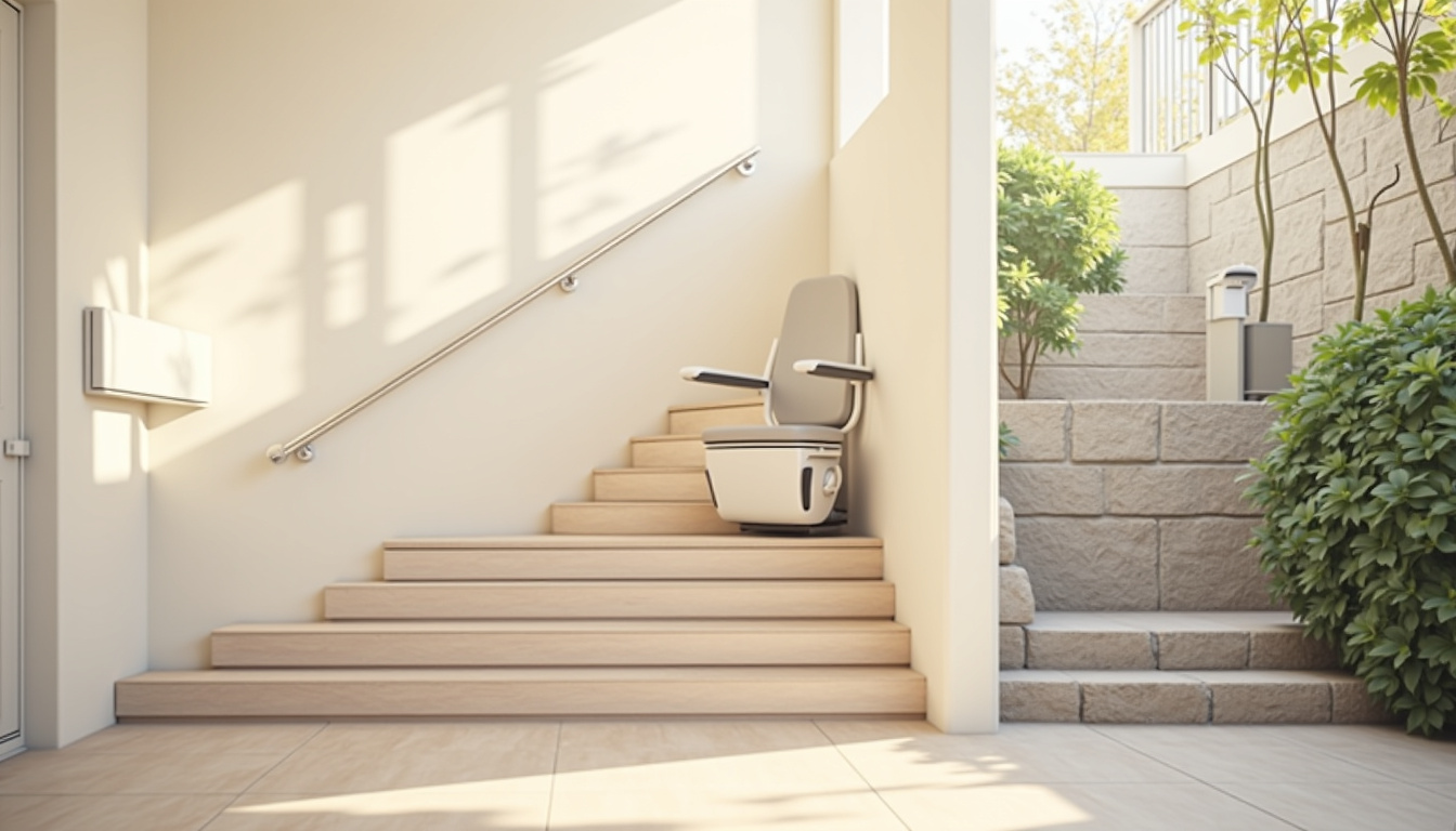 Différents types de monte-escaliers: modèle droit, tournant et extérieur en situation