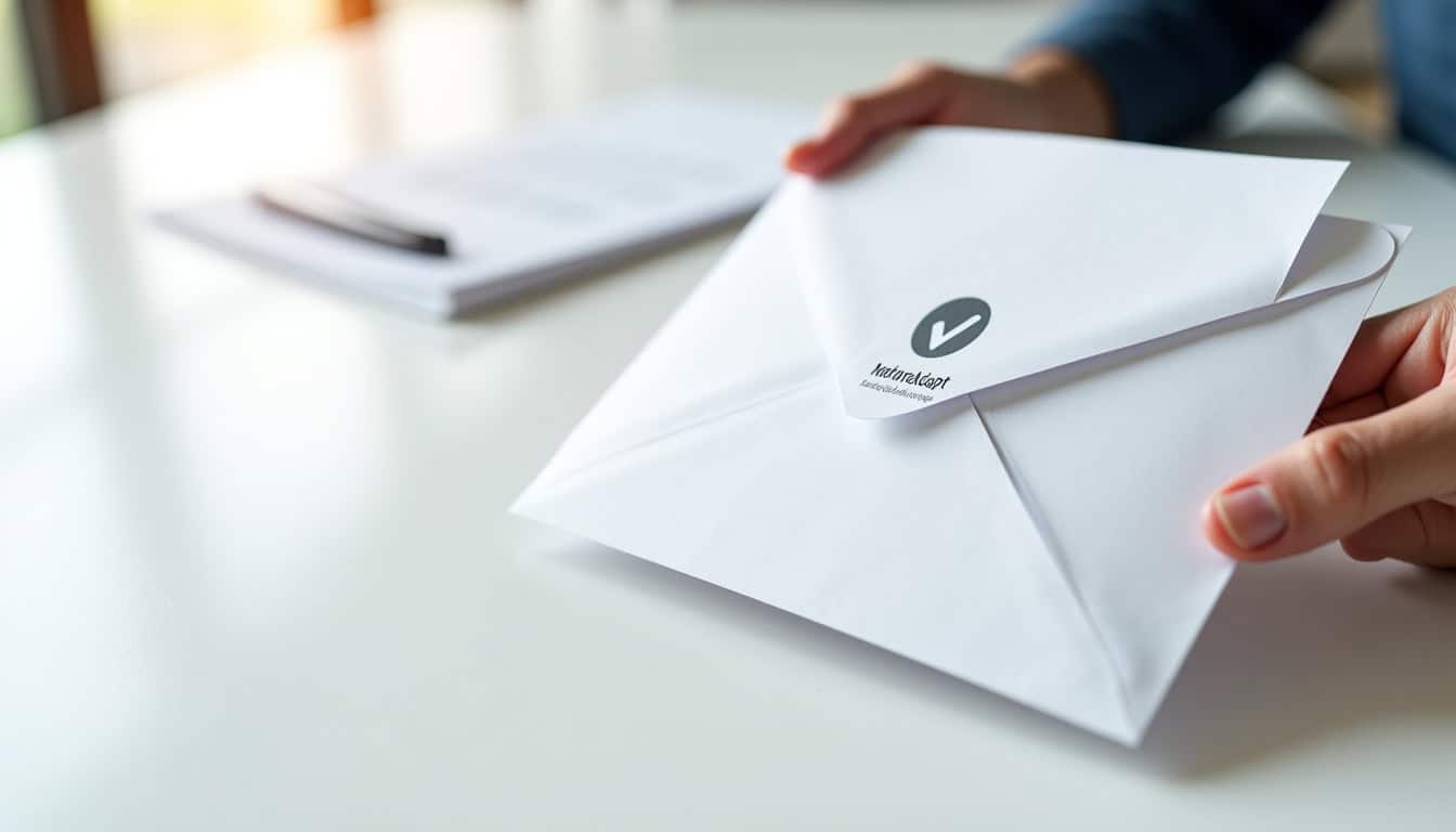 Document officiel et main tenant une enveloppe avec le logo MaPrimeAdapt