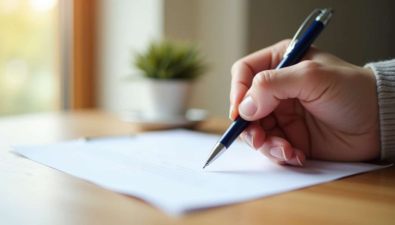 Document papier et main tenant un stylo, symbolisant les aides financières pour l’installation d’un monte-escalier