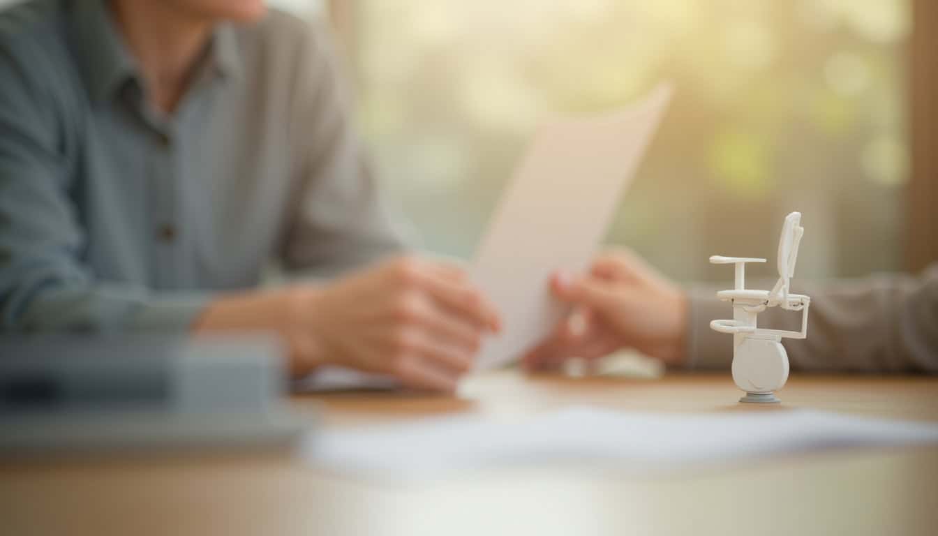 Documentation sur les aides financières pour monte-escalier, prise en main par une personne âgée avec l’aide d’un conseiller