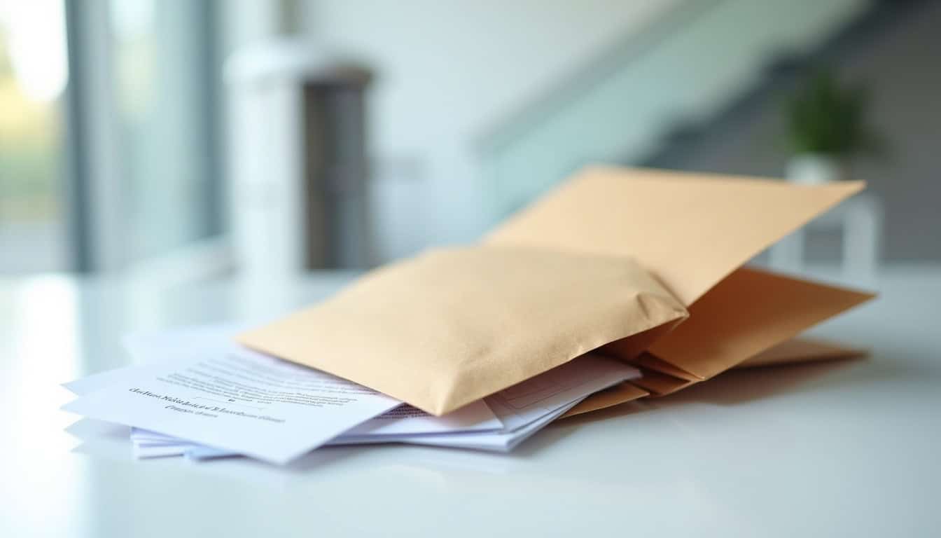 Documents et enveloppes illustrant les aides financières pour un monte-escalier