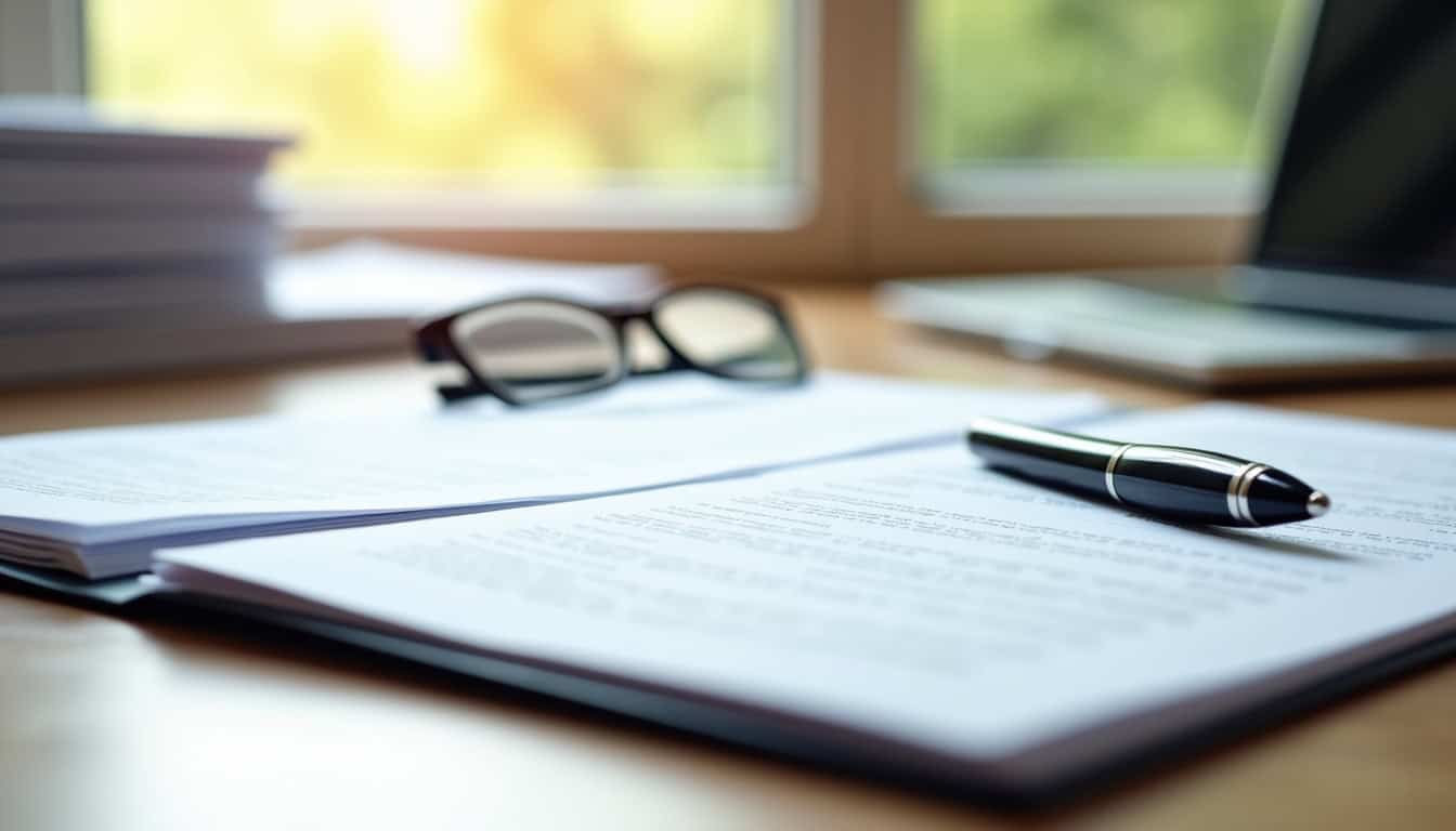Dossier administratif ouvert sur une table, avec des documents liés au financement d