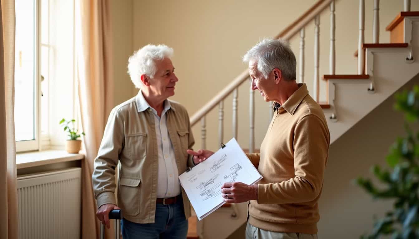 Échange entre un technicien et un résident de Chauffry lors d’un devis pour un monte-escalier