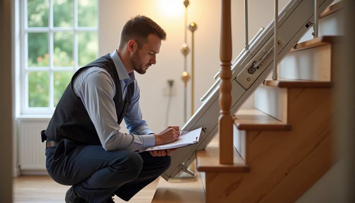 Entretien d’un monte-escalier à Commentry, technicien en intervention