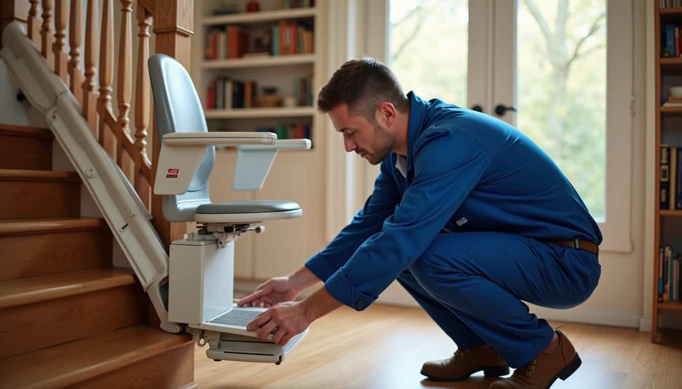 Entretien d’un monte-escalier à Pirey: technicien en intervention