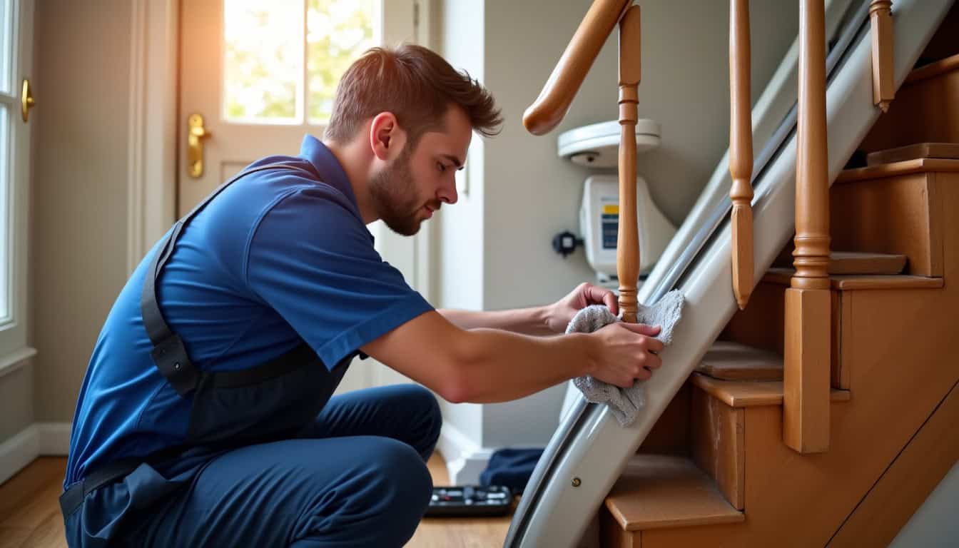 Entretien d’un monte-escalier par un technicien à Vichy, avec nettoyage du rail et vérification des commandes