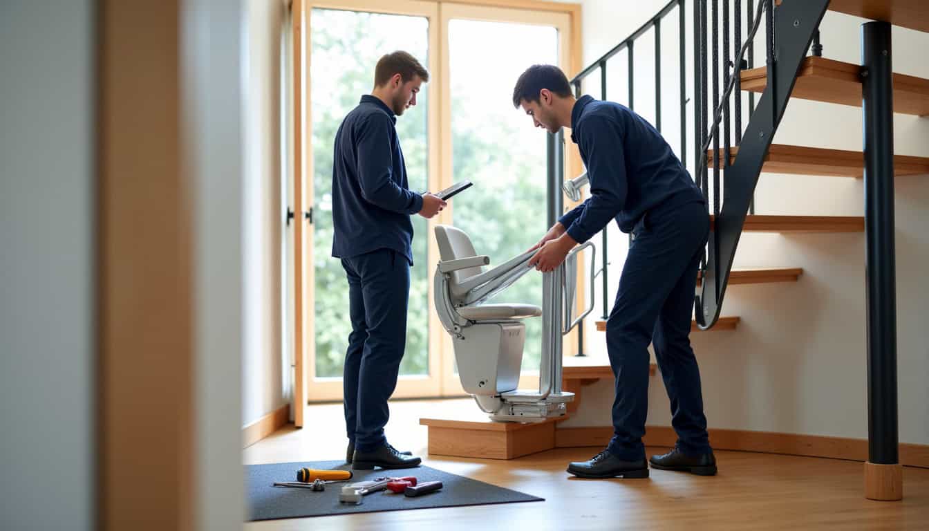 Équipe technique en train d’installer un monte-escalier courbe dans une maison à Villevieille