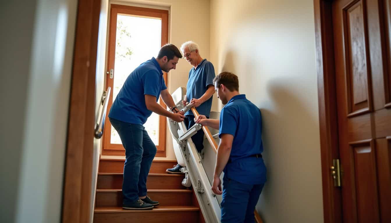 Équipe technique en train d’installer un monte-escalier en une journée à Yssingeaux