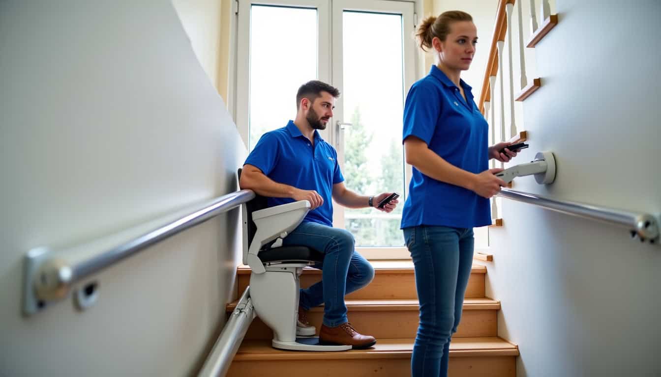Équipe technique Hand & Vie en train d’installer un monte-escalier à Vesoul