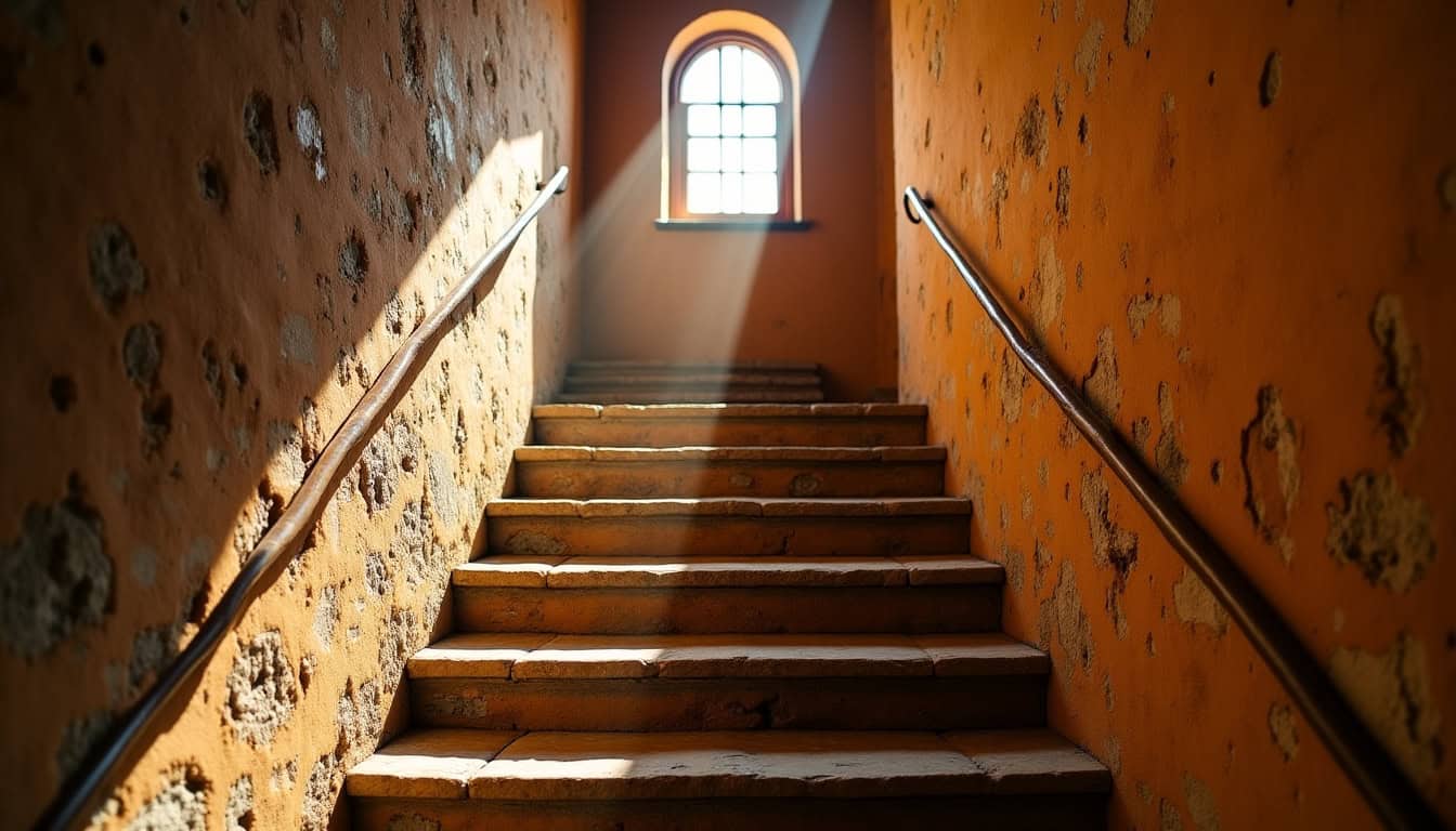 Escalier rustique dans une maison ancienne à Bizonnes