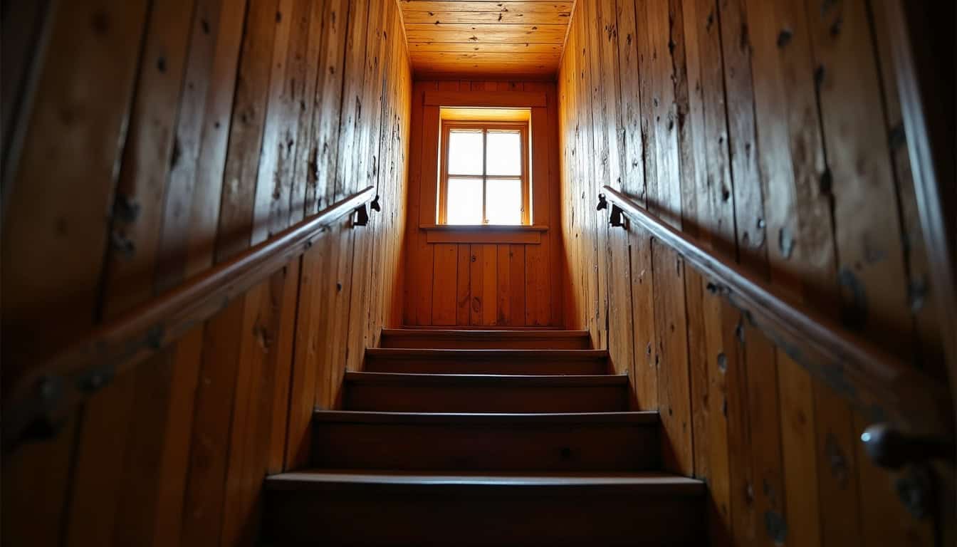 Escalier traditionnel dans une maison normande à Port-en-Bessin-Huppain, illustrant les contraintes de largeur et de configuration