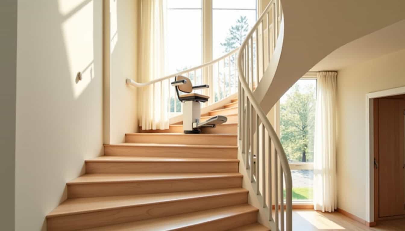 Exemple de monte-escalier en colimaçon installé dans une habitation à Saint-Sébastien-de-Morsent