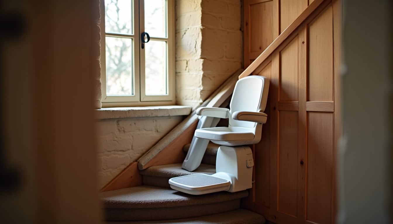 Exemple de monte-escalier tournant installé dans une maison de Luché-Pringé