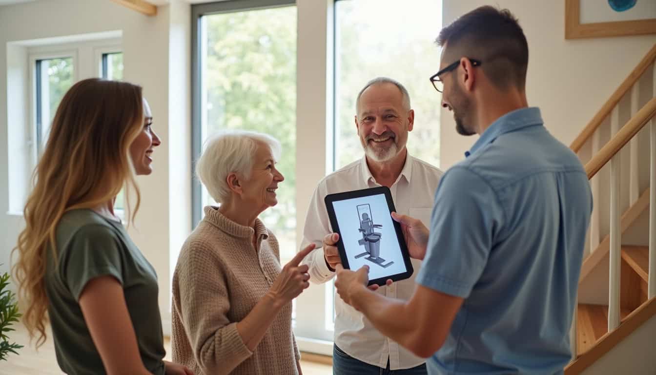 Famille discutant avec un technicien lors du choix d