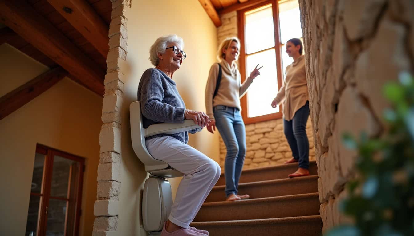 Famille heureuse avec un monte-escalier dans leur maison troyenne