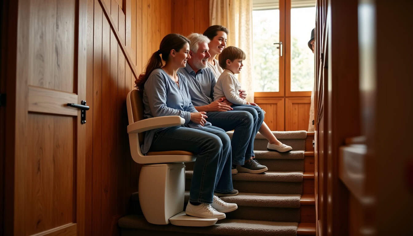 Famille utilisant un monte-escalier dans une maison typique de Fouilloy