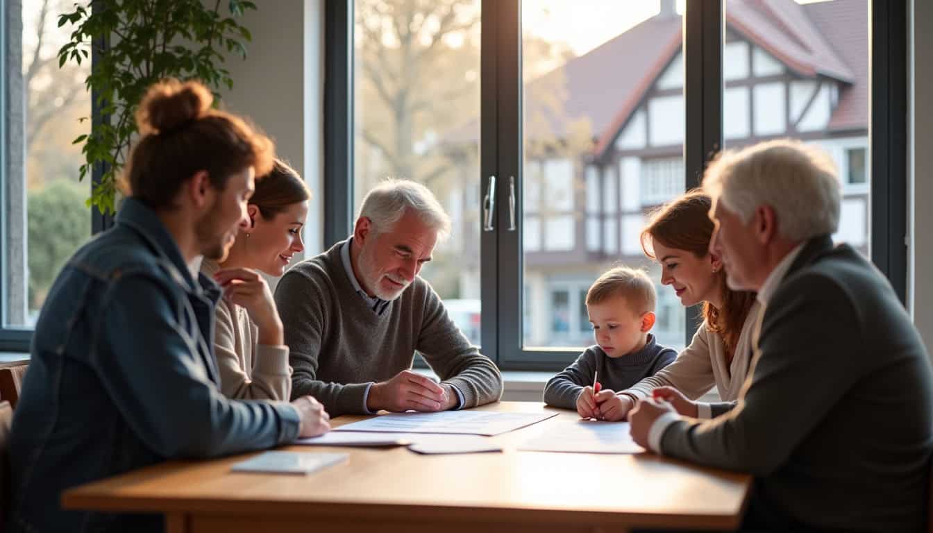 Familles consultant un conseiller sur les aides financières pour monte-escalier à Heimsbrunn