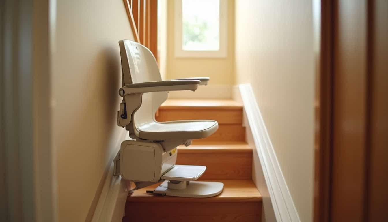 Fauteuil de monte-escalier en position repliée dans un intérieur de maison à Saint-Éloi