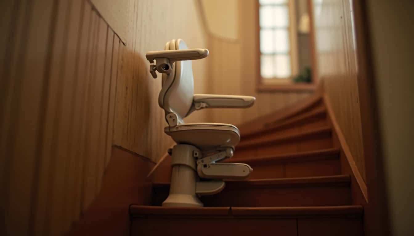 Fauteuil élévateur installé sur un escalier tournant dans une maison ancienne