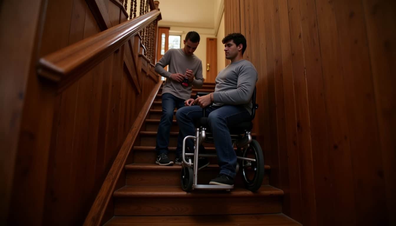 Fauteuil monte-escalier en cours de pose dans un escalier intérieur de style ancien
