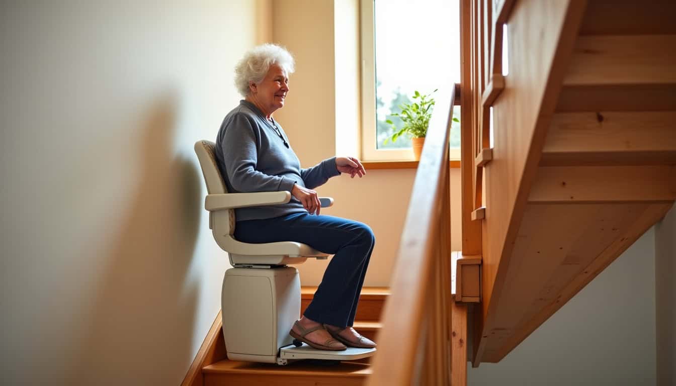 Fauteuil monte-escalier équipé de sa ceinture de sécurité et de détecteurs d’obstacles, en situation réelle dans un intérieur à Saint-Jorioz