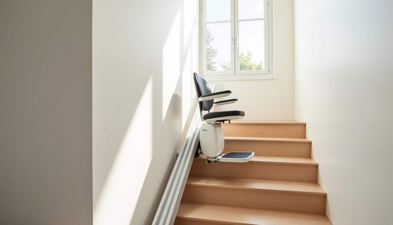 Fauteuil monte-escalier installé dans une maison avec escalier droit