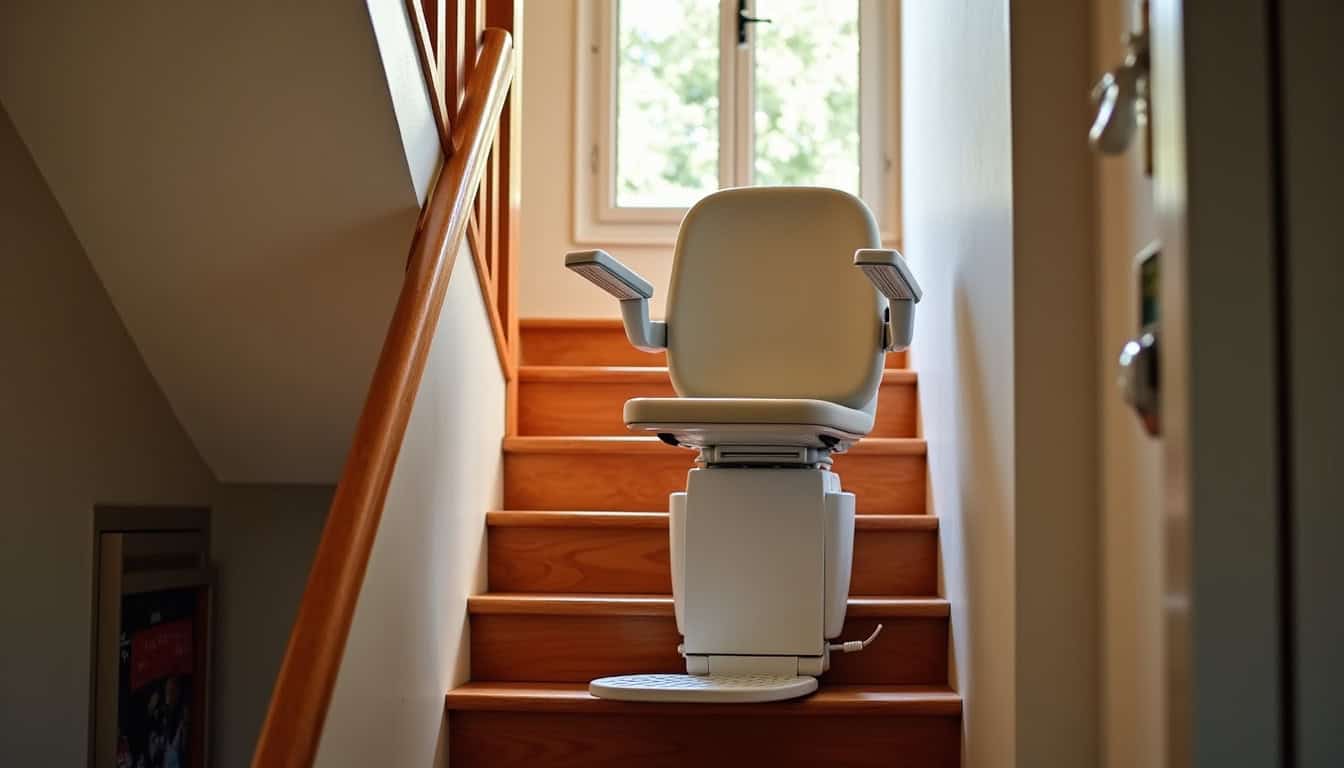 Fauteuil monte-escalier installé et en fonctionnement dans une maison à Juillac