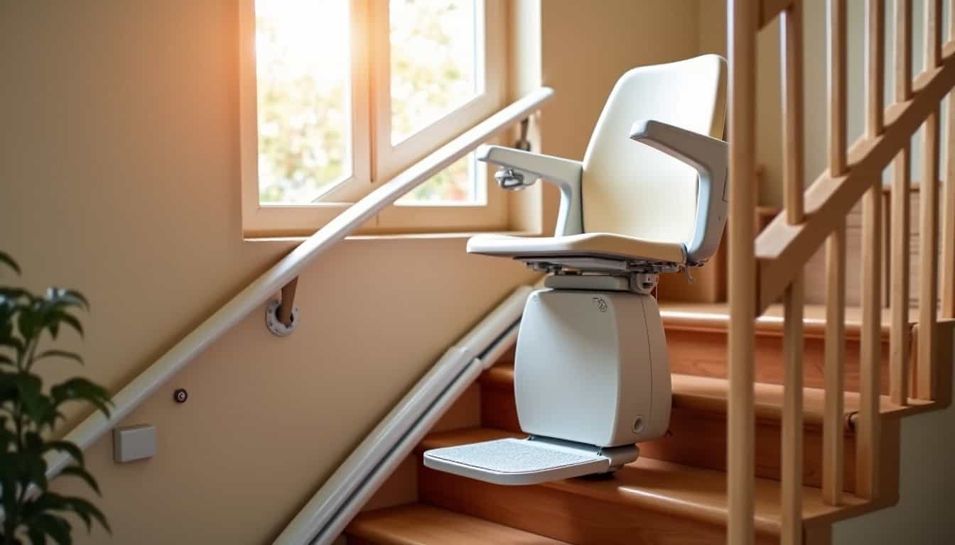 Fauteuil monte-escalier installé sur un escalier intérieur droit dans une maison à Ploufragan