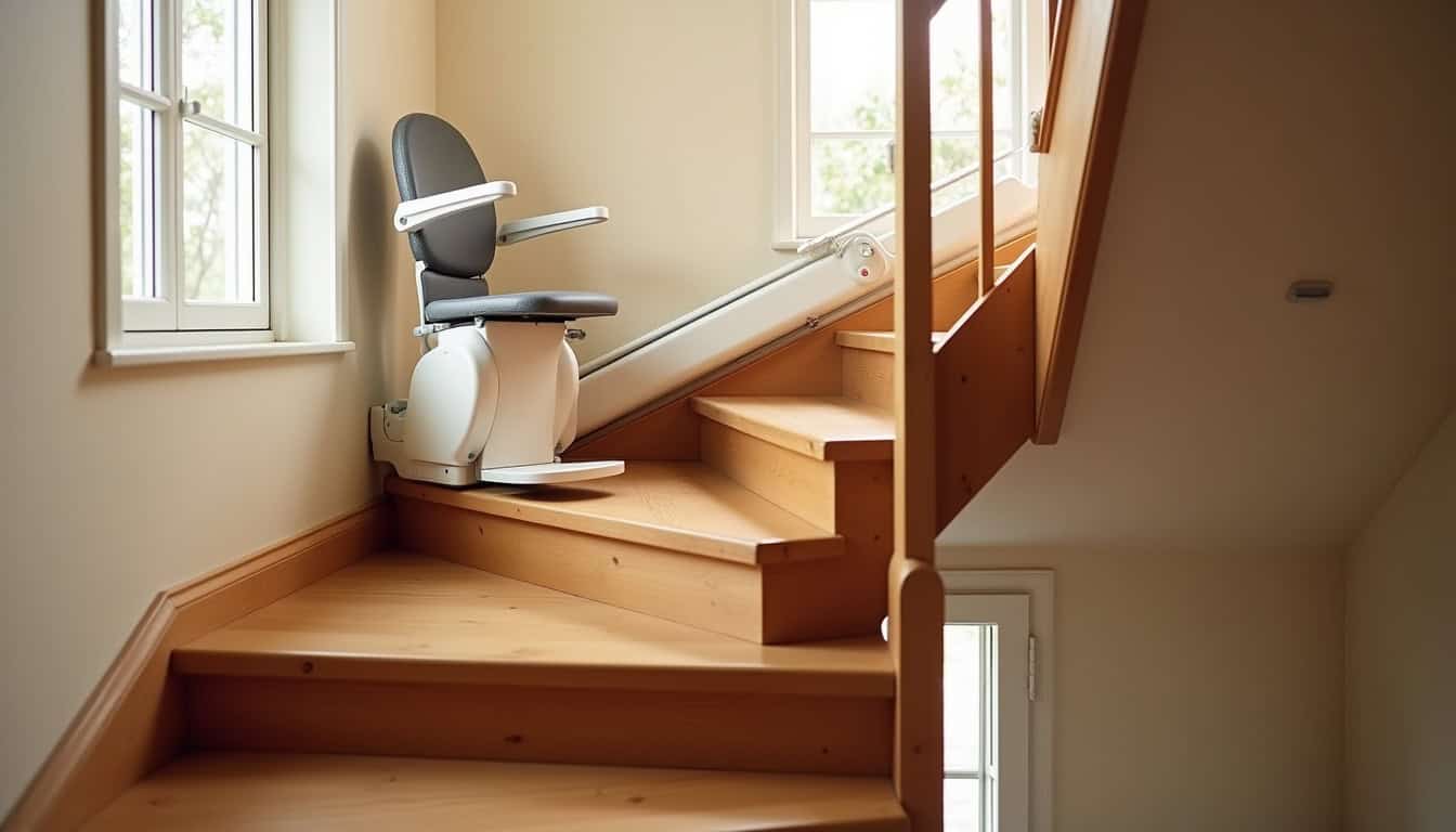 Fauteuil monte-escalier installé sur un escalier intérieur en bois à Saint-Georges-Buttavent