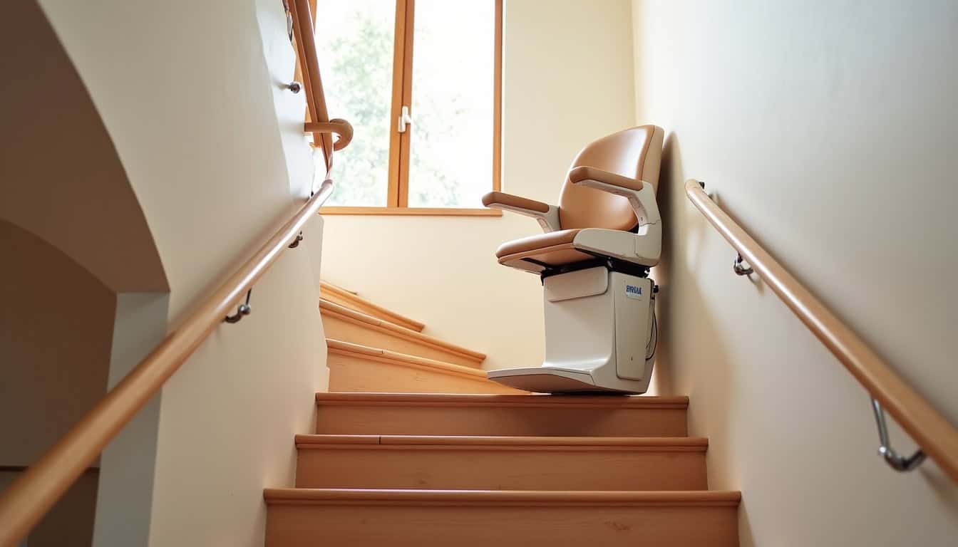 Fauteuil monte-escalier installé sur un escalier tournant dans une maison à Thésée