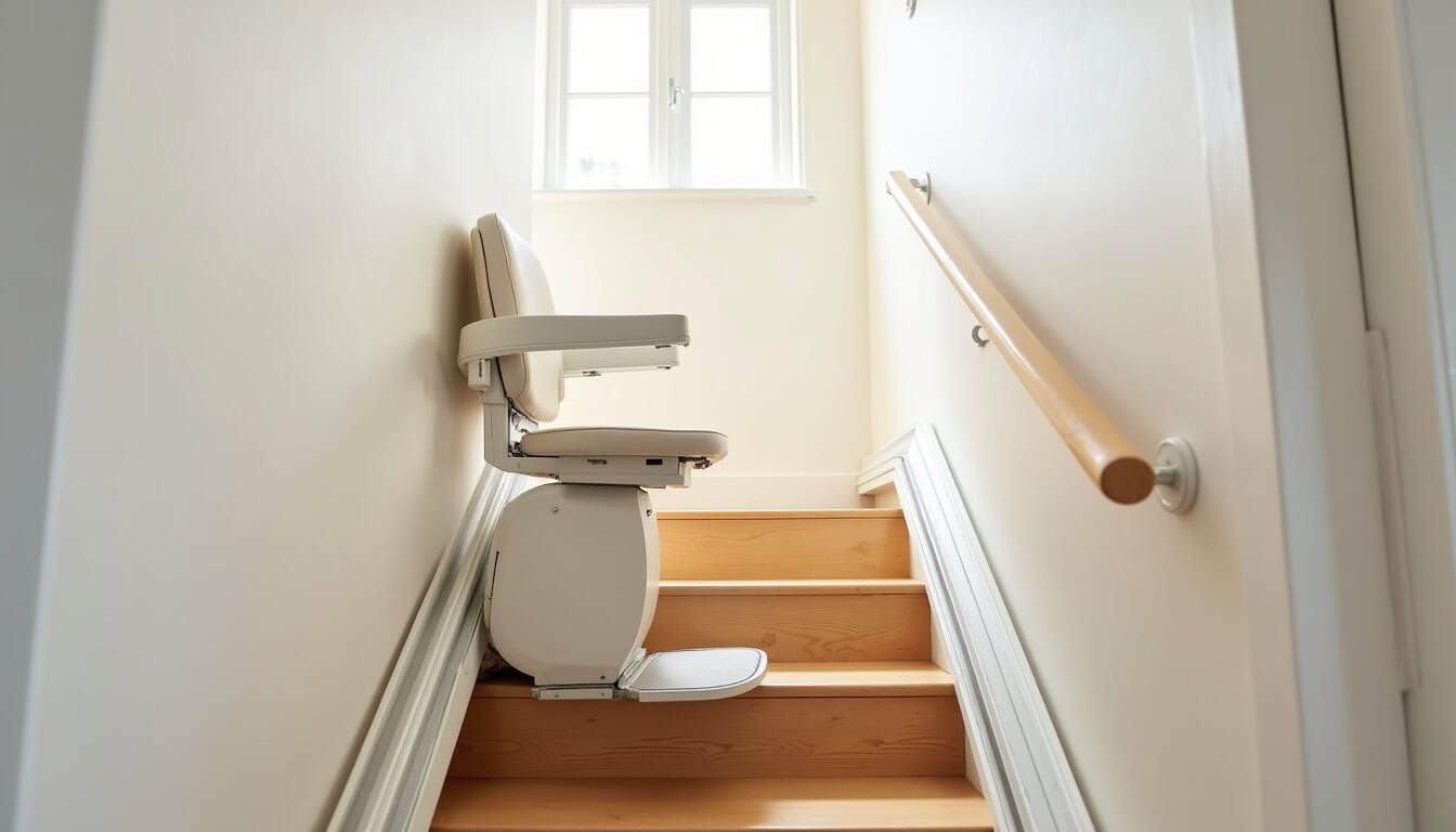 Fonctionnement d’un monte-escalier droit avec fauteuil en position repliée