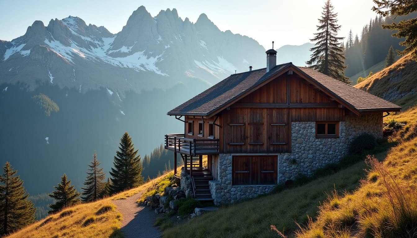 Habitat typique de Saint-Cassien avec escalier extérieur et environnement montagnard