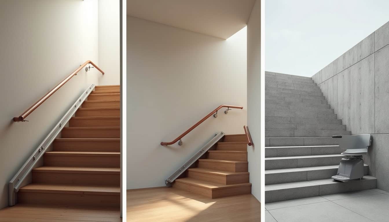Illustration des différents types de monte-escaliers: droit, tournant et extérieur, adaptés aux configurations d
