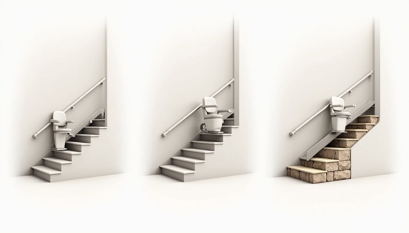 Illustration des différents types de monte-escaliers: droit, tournant et extérieur