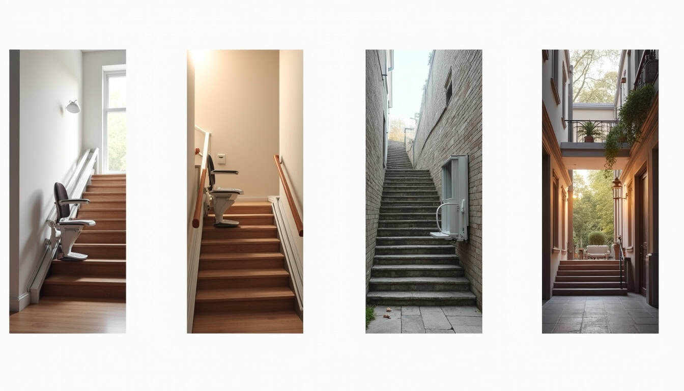 Illustration des différents types de monte-escaliers: droit, tournant, extérieur et plateforme élévatrice
