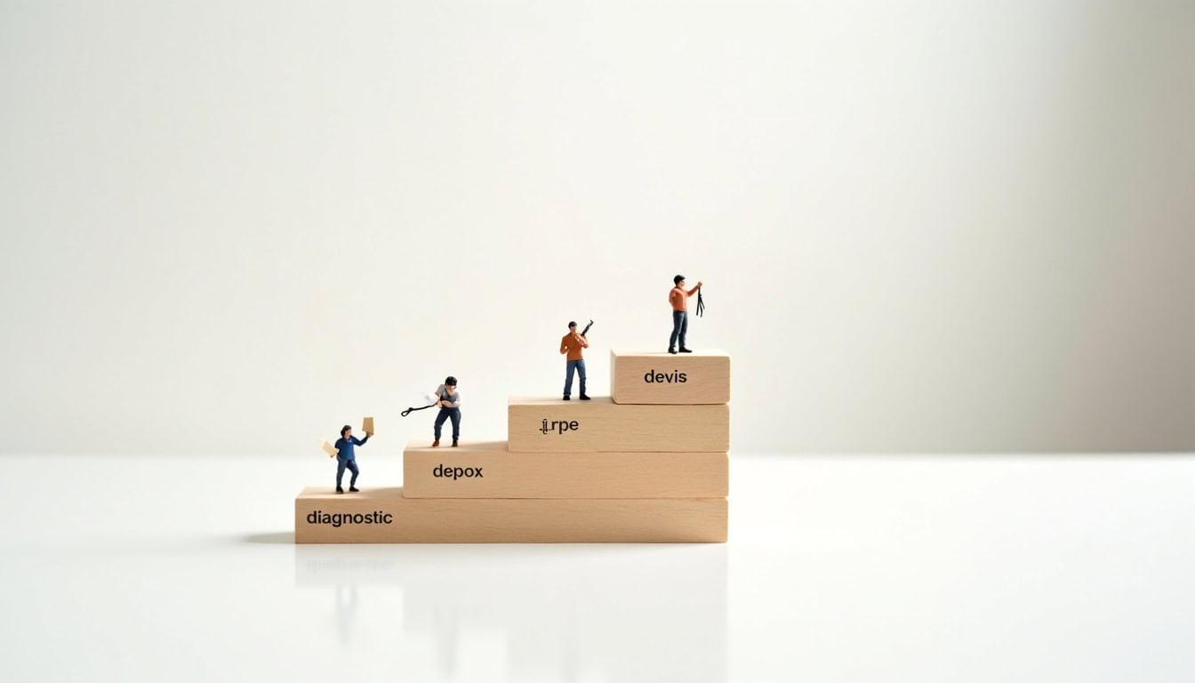 Illustration des étapes d’installation d’un monte-escalier: devis, diagnostic, pose, formation