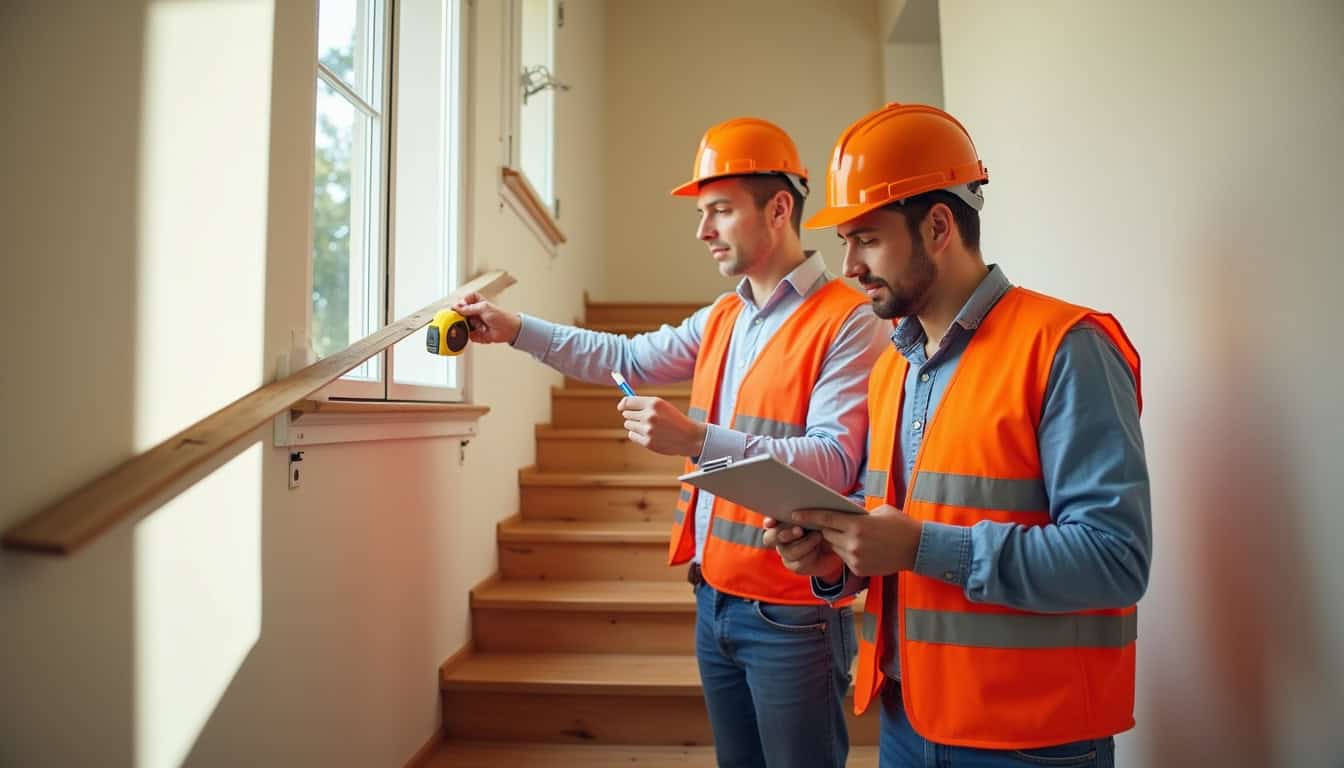 Installateurs de monte-escalier en intervention à Cognac, vérifiant les mesures sur un escalier droit